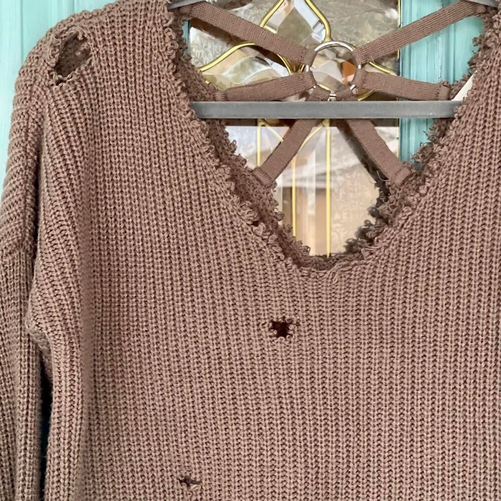 Brown Lightweight Sweater Size Medium V Neck Distressed Knit Say What
